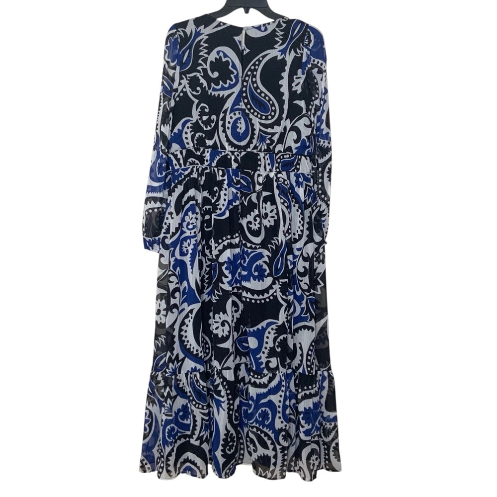 LOFT Blue and Black Paisley Long Sleeve Dress. Sheer sleeves. Size 8 - Picture 5 of 6